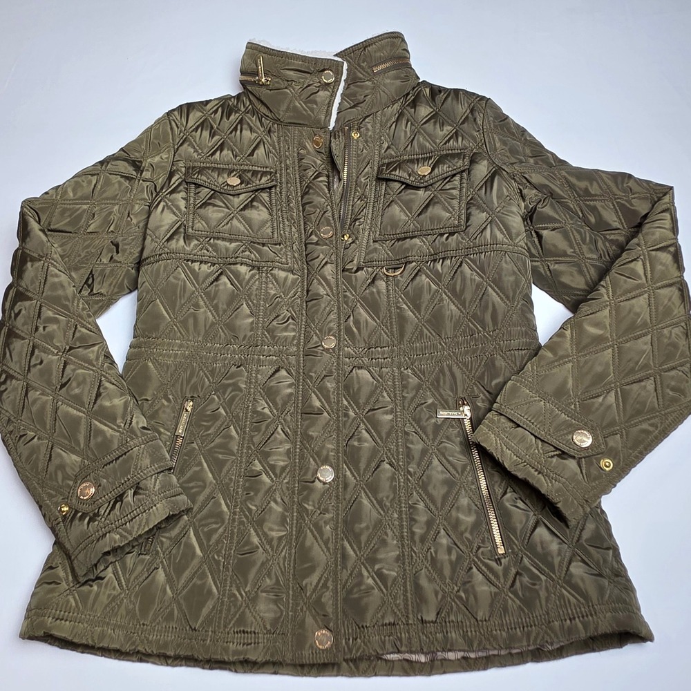 Michael Kors Quilted Jacket Womens Medium Olive Green Gold Hardware Field Coat